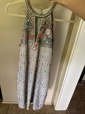 Parker White Mini Dress with Multicolor Beaded Floral Embellishments